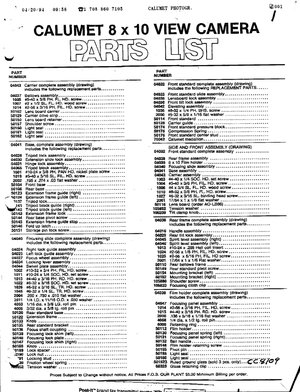 Calumet 8X10 Parts Drawings