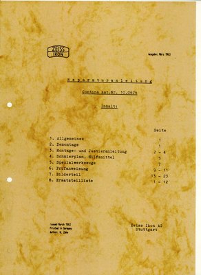 Zeiss Ikon Reparaturanleitung Contina Kat Nr 10 0626